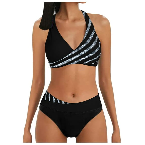 TOWED22 Women's High Waisted Bikini Set Tummy Control Swimsuits Color Block Two Piece Drawstring Bathing Suit(Black,L)