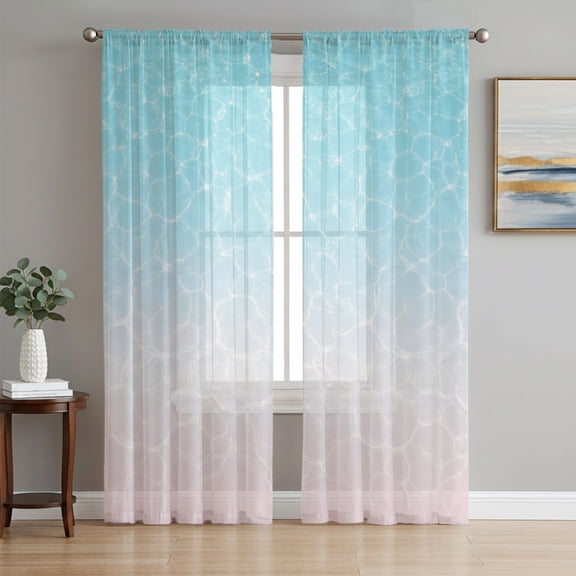 Aqua Blue Ombre Ocean Waves Sheer Curtains 96 Inch Length 2 Panels Set, Summer Sea Coastal Voile Window Treatment Semi Sheer Long Curtains Drapes for Bedroom/Living Room/Kitchen 52"x96"x2