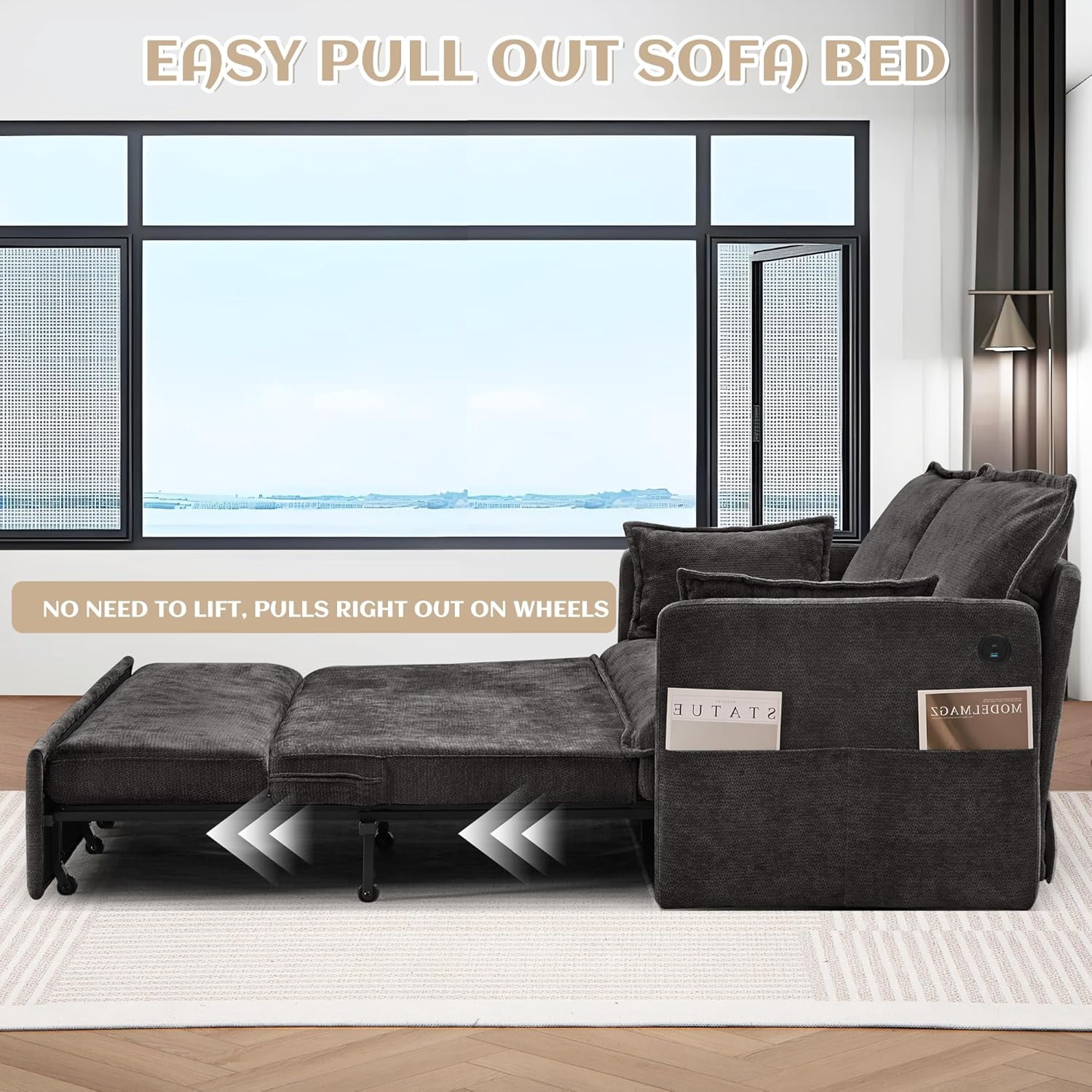 Modern Convertible Sleeper Sofa with USB Charging, Queen-size Corduroy Upholstery Sofa Bed, Black
