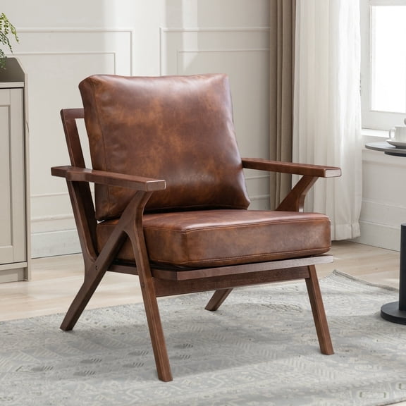 Bonzy Home Mid-Century Modern Accent Chair, PU Leather Armchairs with Solid Wood Frame & Removable Cushions, Reading Chairs for Living Room Bedroom, Brown