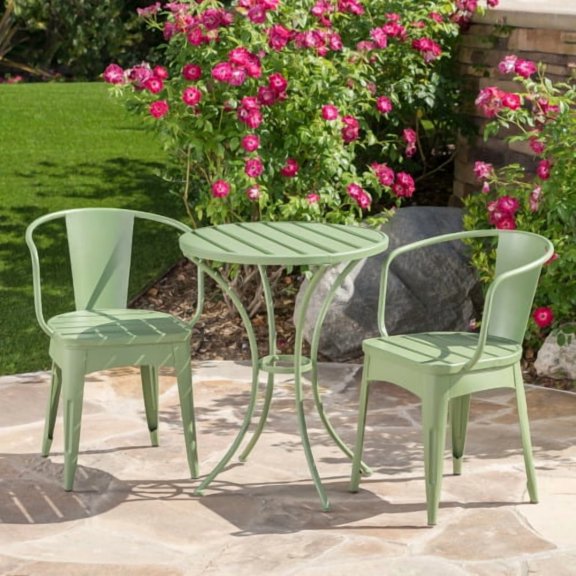 3-Piece Green Iron Bistro Set | Outdoor Patio Table and 2 Chairs Set for Garden, Balcony, Porch & Backyard | Weather-Resistant Small Space Dining Furniture