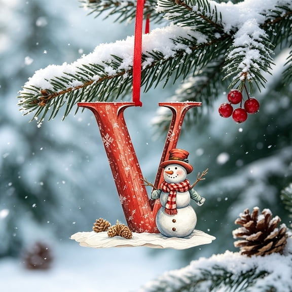 Qjidjing Snowman Alphabet Letter Ornaments for Christmas Tree, 3.15 inch, Red Xmas Hanging Decor, 2D Acrylic Pendants for Home Party , Letter V