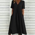 thumbnail image 2 of Taqqpue Women Linen Dress V Neck Short Sleeve Sundress Loose Fit Casual Beach Vacation A Line Dress Solid Color Plus Size Dresses with Pockets for Women, 2 of 7