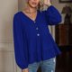 thumbnail image 4 of Blusa de mujer de manga larga de color puro con cuello en V y decoración de botones con dobladillo con volantes para el hogar Royalblue L, 4 of 8