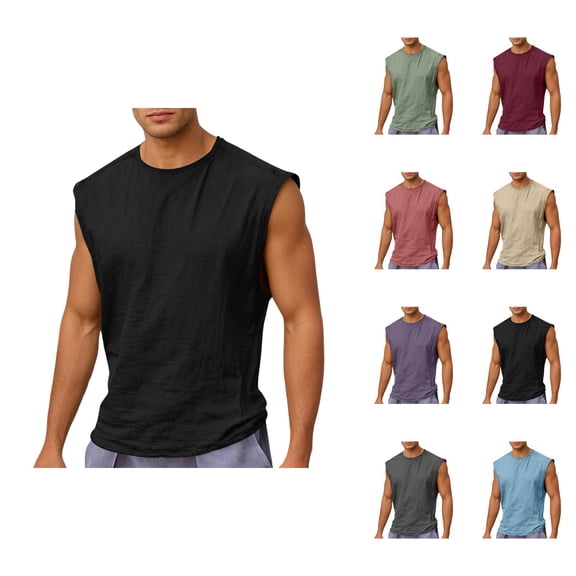 Cotton Linen Tank Tops Men Lightweight Breathable Relaxed Fit Crewneck Sleeveless Shirt Athletic Workout Gym Tanks