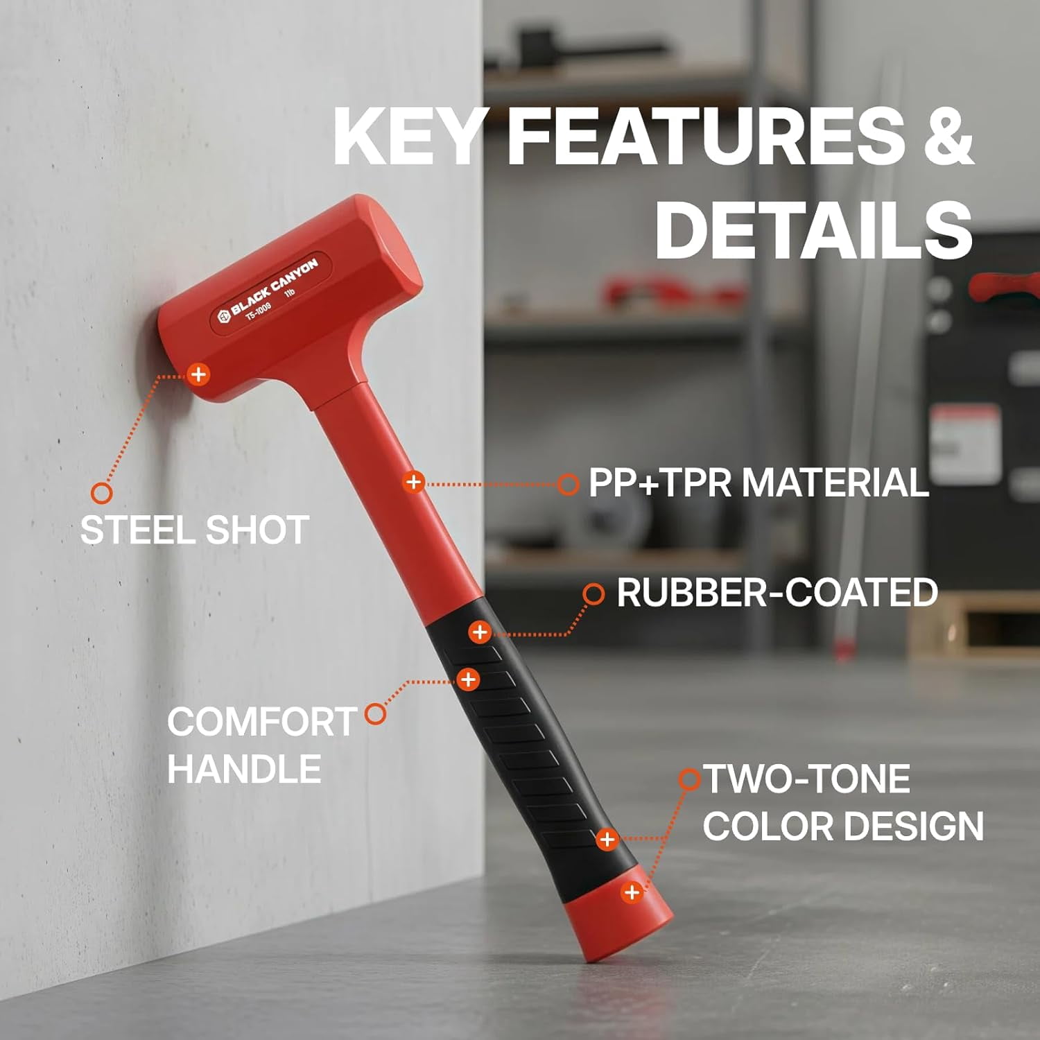 RGHJAR-Dead Blow Hammer 2 LB (32OZ）Bounce-Resistant Rubber Mallet with Non-Slip Grip for Furniture Assembly, Metalworking & Automotive Repair