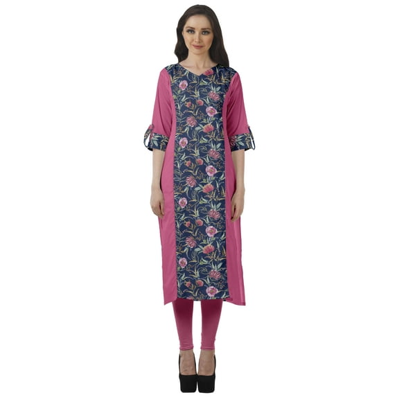 Moomaya V Neck Straight Tunic For Women Roll Up Sleeve Printed Cotton Kurta