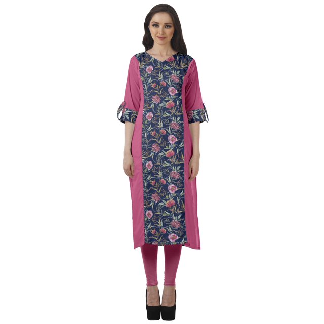 Moomaya Tunique Droite à Col en V pour Femmes Manches Retroussables Kurta en Coton Imprimé