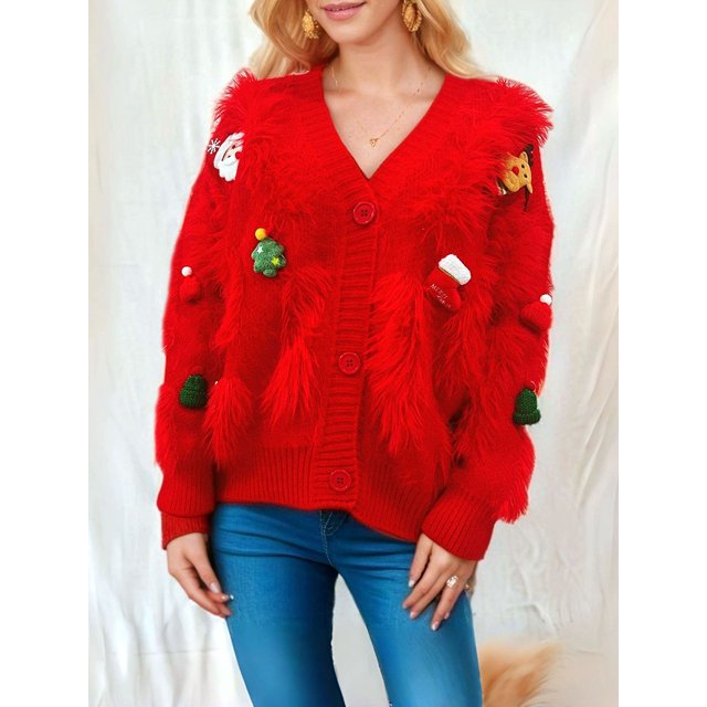 Suéter tipo cárdigan navideño para mujer, lindo, peludo, de manga larga, cuello en V, abotonado, abrigo de punto, ropa de abrigo clásica informal para invierno para mujer