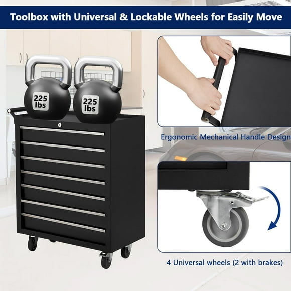 BeesClover Rolling Tool Chest, 4-Drawers Metal Tool Box Organizer w/Auto Locking System & Lockable Wheels, Sliding Drawers, Detachable Top, Tool Storage Cabinet for Garage Workshop, Black