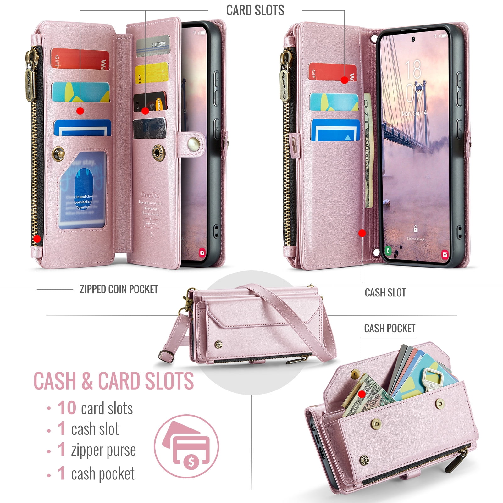 Decase Wallet Case for Samsung Galaxy S26,Flip RFID Blocking Shockproof TPU Cover with 10 Card Slots,Cash Slot,Zipper Coin Pocket,Crossbody PU Leather Phone Cover,Pink