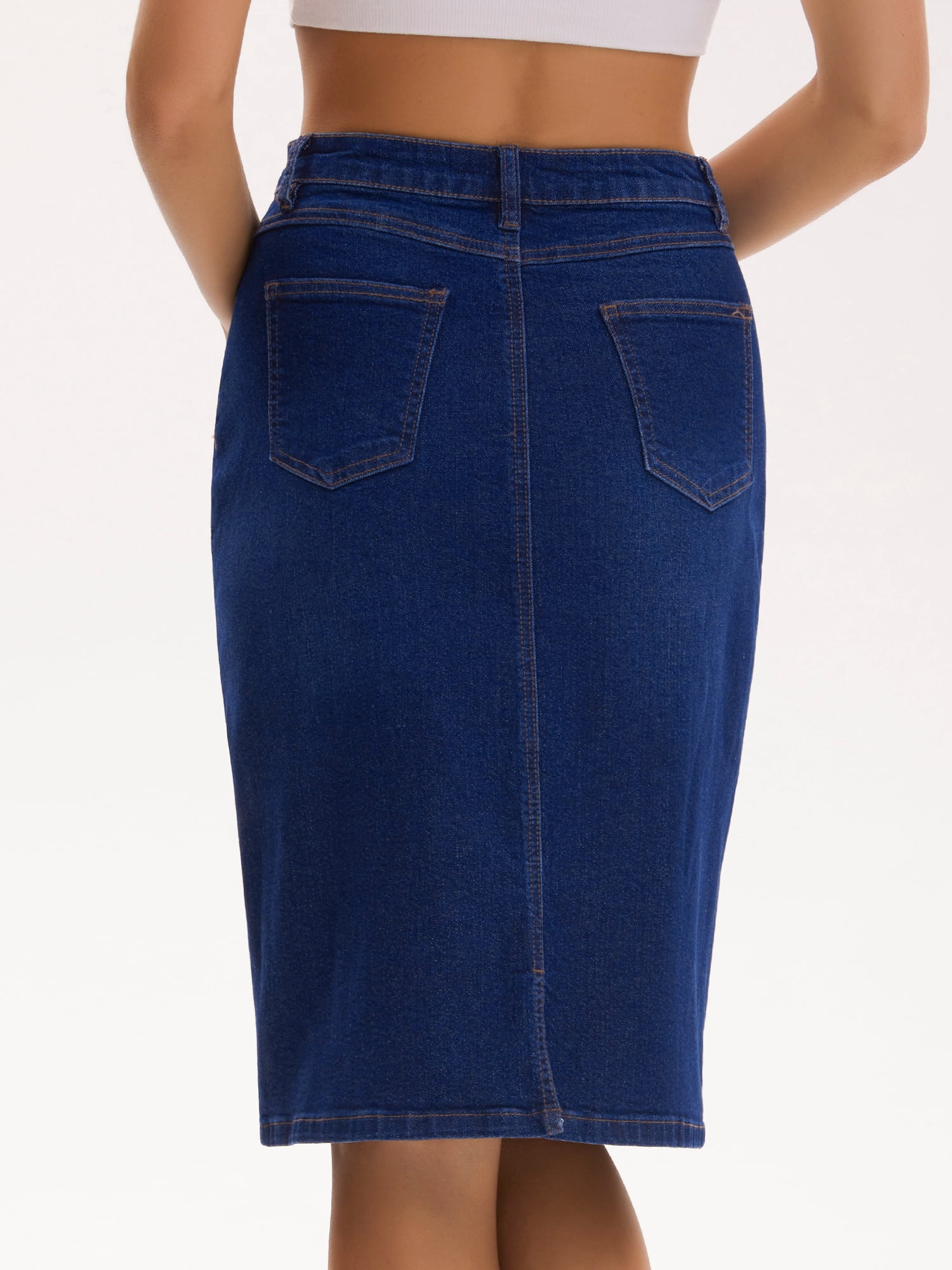 DARING DIVA Women's Jean Back Slit Stretch Below Knee Length Denim Skirts M Dark Blue