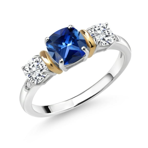 Gem Stone King 925 Silver and 10K Yellow Gold 3-Stone Diamond Ring Cushion Blue Created Sapphire and Moissanite (1.66 Cttw, Size 8)