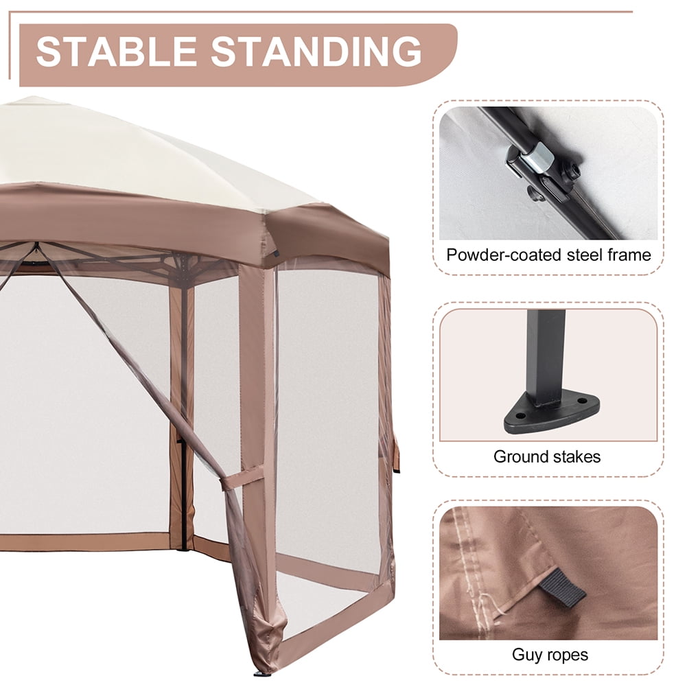 Kadyn 10x12 Ft Outdoor Canopy Tent, Hexagonal Arc Top Folding Shed for Terraces, Wedding Party Tent with Black Bag, 6 Veils and Net Cloth, Khaki and Brown Kadyn 10x12 Ft Outdoor Canopy Tent, Hexagonal Arc Top Folding Shed for Terraces, Wedding Party Tent with Black Bag, 6 Veils and Net Cloth, Khaki and Brown