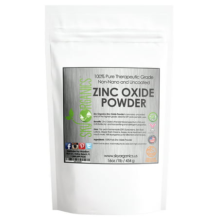Zinc Oxide Powder By Sky Organics 16oz- Uncoated & Non-Nano- 100% Pure Cosmetic Grade- For DIY Sunscreen, Lotion, UVA and UVB protection- Ideal for Diaper Rash