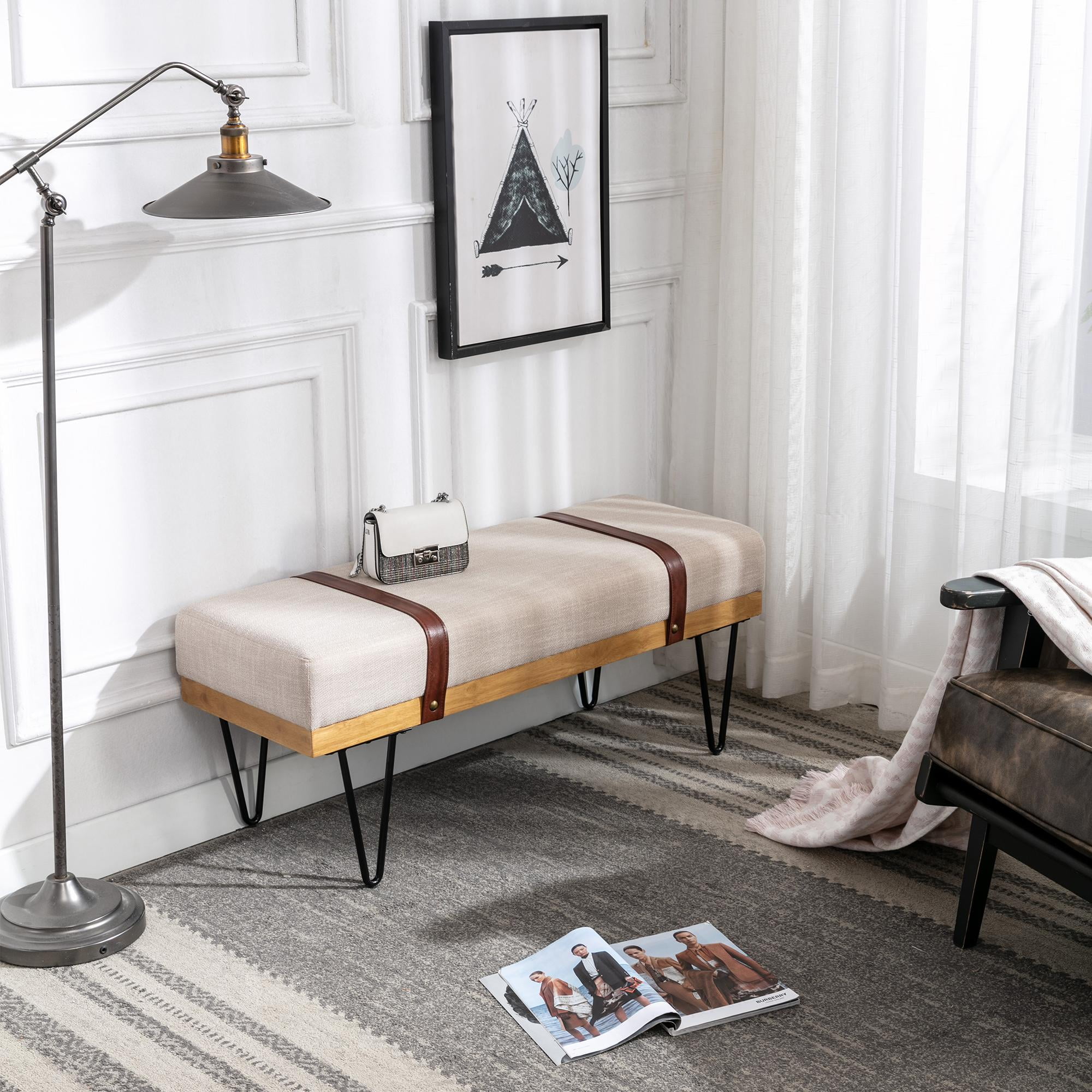 Bedside Ottoman with Metal Legs, Entryway Seating Ottoman, Living Room