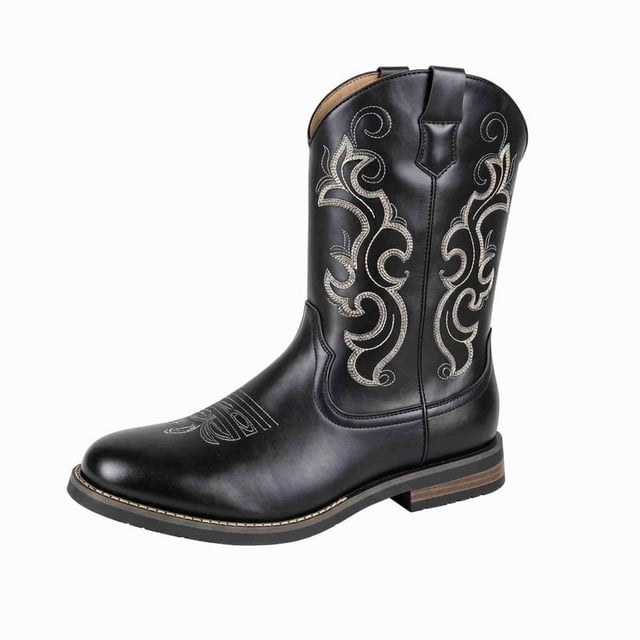 Men's Classic Western Cowboy Boots with Intricate Embroidery - Square Toe Roper Boots for Riding, Work & Casual Wear - Durable Leather-Look Boots with Cushioned Insole