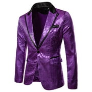 Zodggu Glossy Suit Blazers Jacket for Men Button Front Stretch Suit Coat Long Sleeve Tuxedo Slim Fit Personality Sequins Sports Business Pocket Office Lightweight Lapel Collar Jacket Purple 8