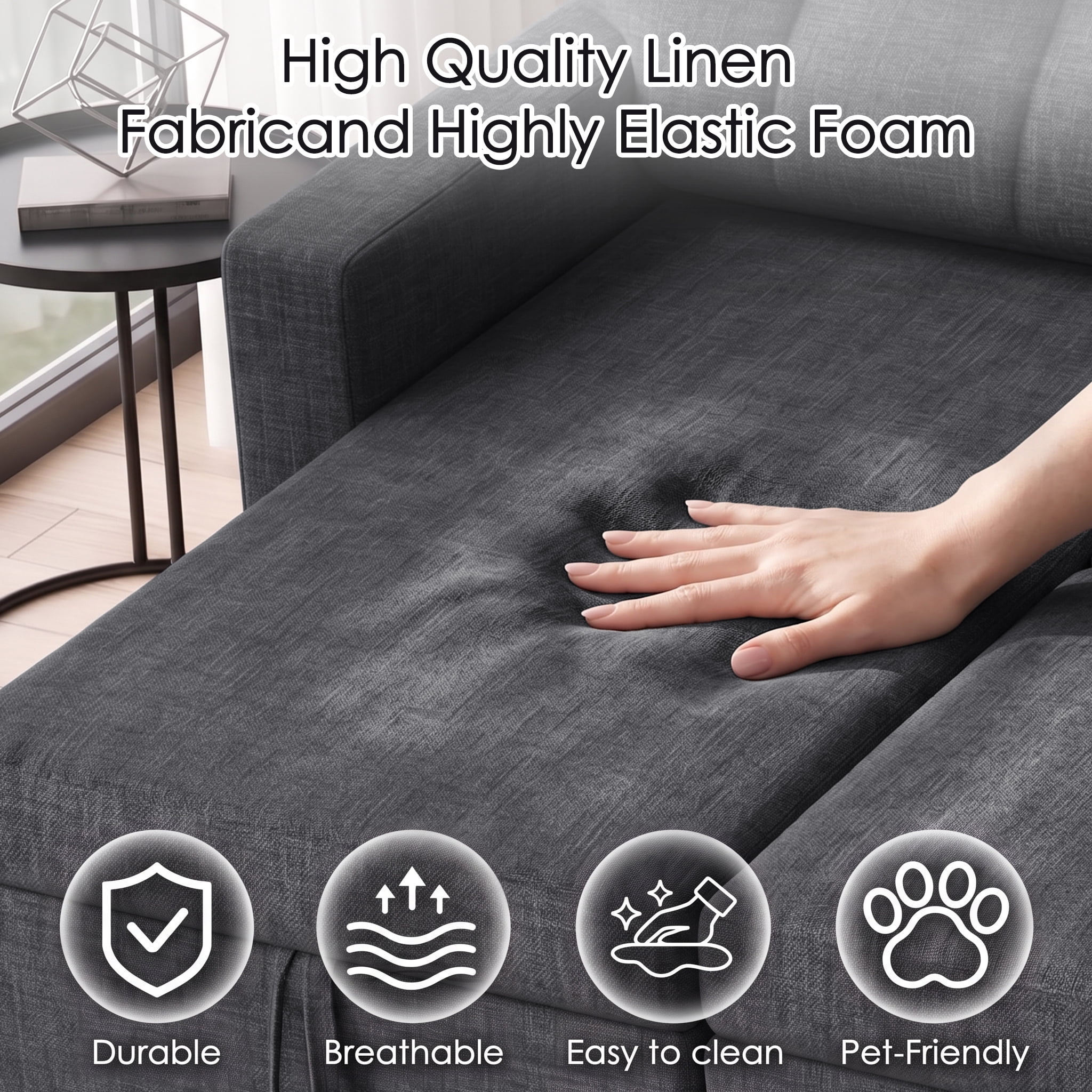 avobird 82" L Shaped Sleeper Sofa Bed, 3-Seat Convertible Sectional Couches with Storage Chaise, Linen Fabric Pull Out Couch for Living Rooms, Apartment, Dark Gray