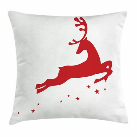 Reindeer Cushion Red Throw Pillow Cushion Cover, Jumping Reindeer Leaving a Starry Trace Behind Popular Christmas Character Silhouette, Decorative Square Accent Pillow Case, 16 X 16 Inches, Red White, by Ambesonne ()