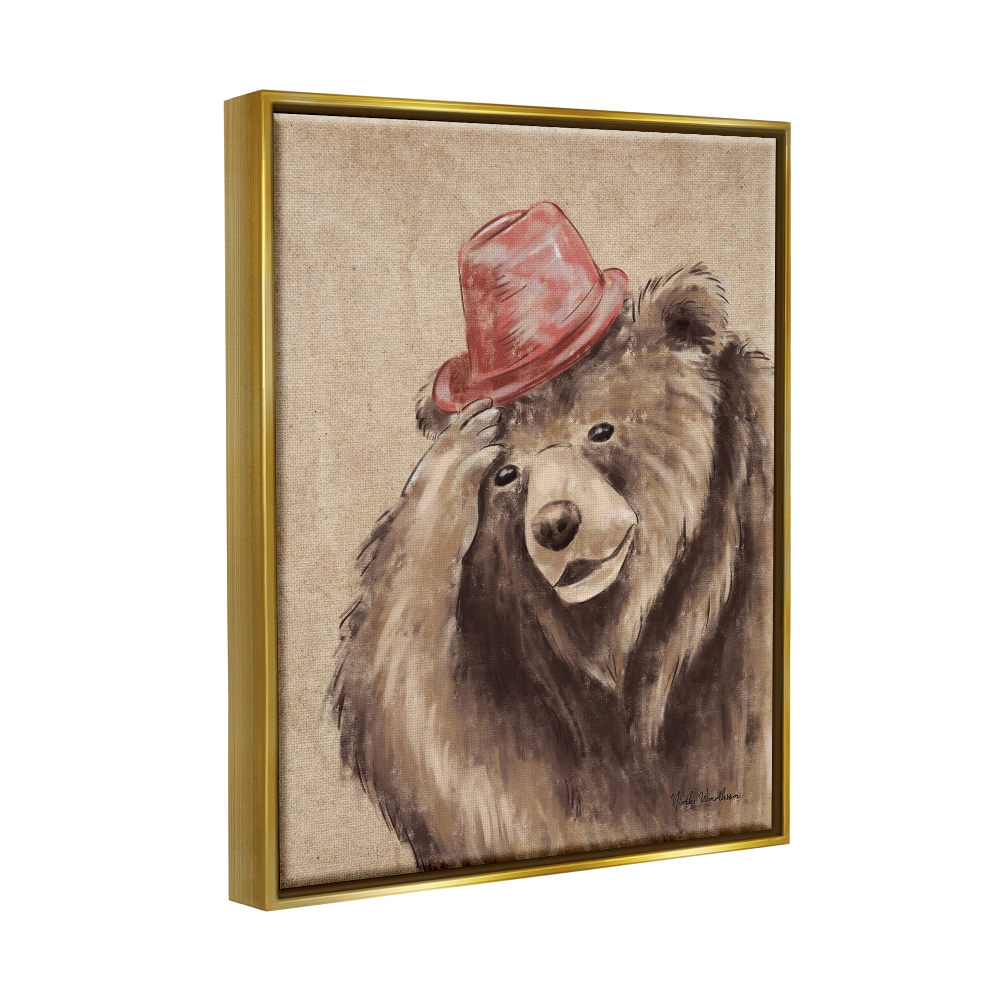 Stupell Industries Brown Bear in Hat Animals & Insects Painting Gold Floater Framed Art Print Wall Art, 25 x 31