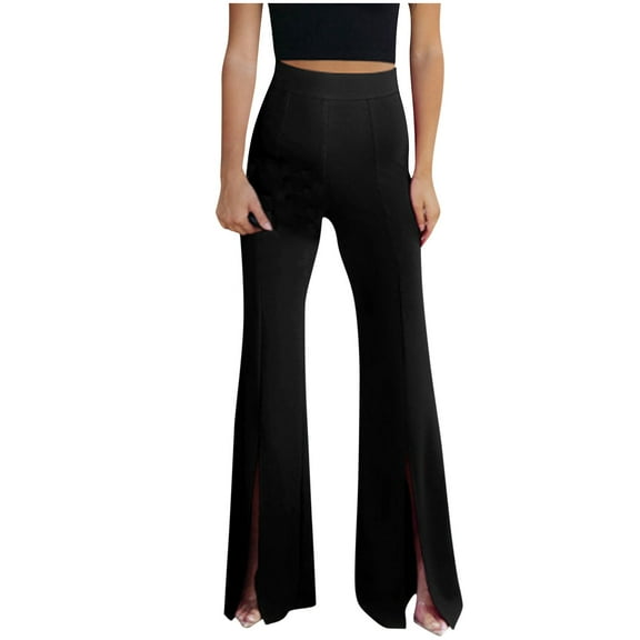 RYRJJ Dress Pants for Women Elegant Bootcut Flare Pants Pull On Business Casual High Waisted Work Bootleg Trousers Split Hem Slacks(Black,L)