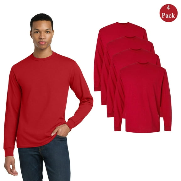 Gildan DryBlend 50/50 Long Sleeve T-Shirt, Men's Taped Neck Red Color Blank Comfort Tee, 4-Pack, S