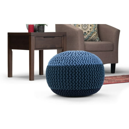 Simpli Home - Nikki Round Contemporary Polystyrene/Knitted Cotton Pouf - Blue/Navy Blue