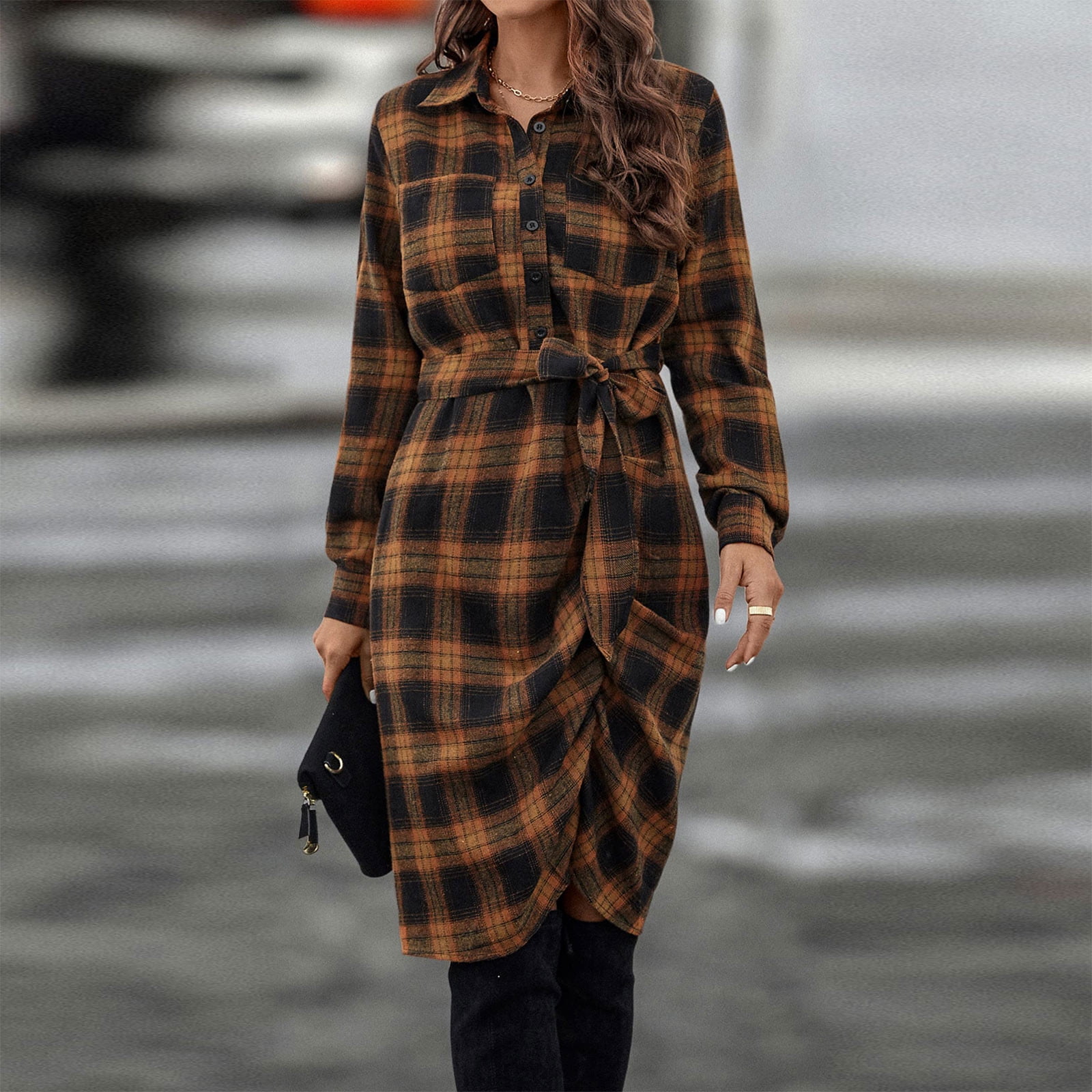 safuny Women's Knee Length Shirt Dress with Pocket Clearance Plaid Fashion  Vacation Long Sleeve Autumn Dress Winter Turndown Collar Bandage Elegant  Brown XXL - Walmart.com
