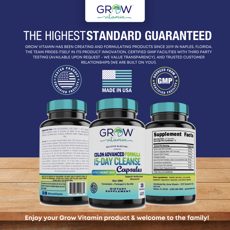 Grow Vitamin Fast Acting Colon Cleanse Formula, Supports Healthy Bowel  Movements & Weight Loss, Natural Laxatives for Constipation Relief &  Bloating