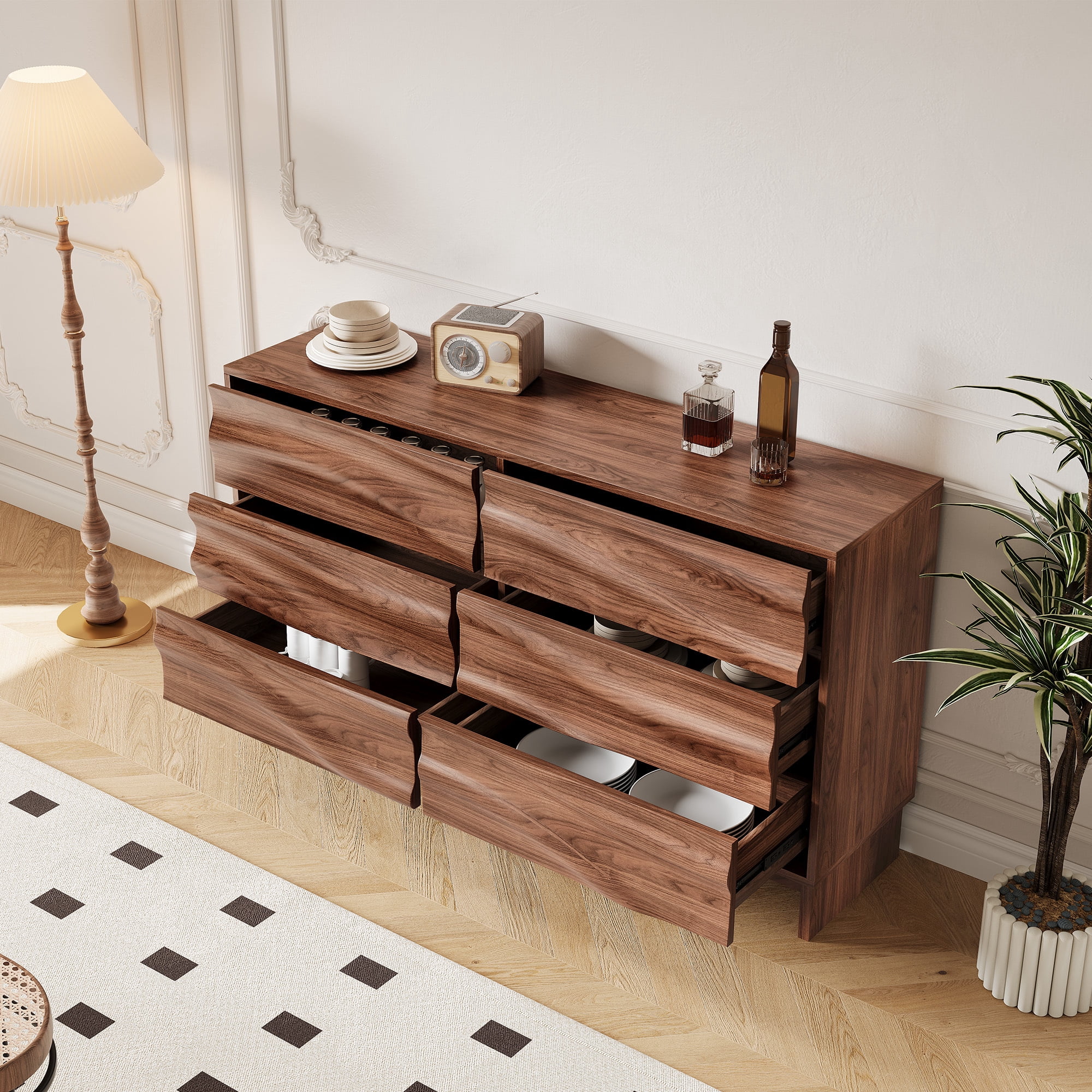 Leumius 47.2" Buffet Sideboard with 6 Drawers, Walnut Finish with Wave Grain Texture, Farmhouse Storage Cabinet for Dining Room Living Room Hallway
