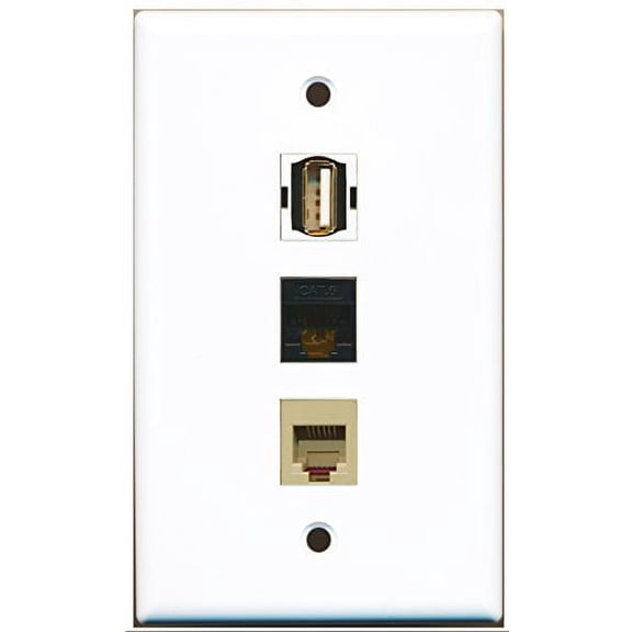 RiteAV - 1 Port USB A-A and 1 Port Phone RJ11 RJ12 Beige and 1 Port Cat6 Ethernet Black Wall Plate