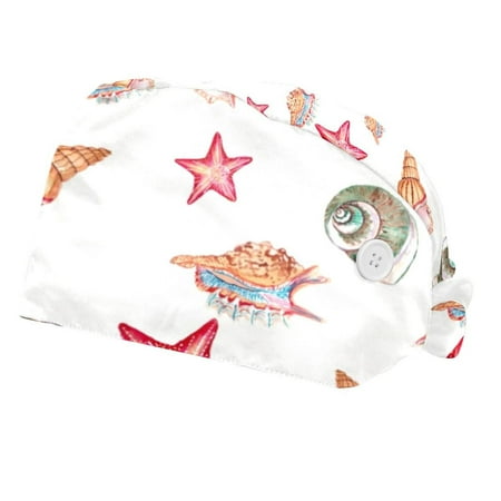 

2PCS Working Cap with Buttons and Sweatband Adjustable Tie Back Hats Bouffant Caps Starfish Scrub Turban Hat