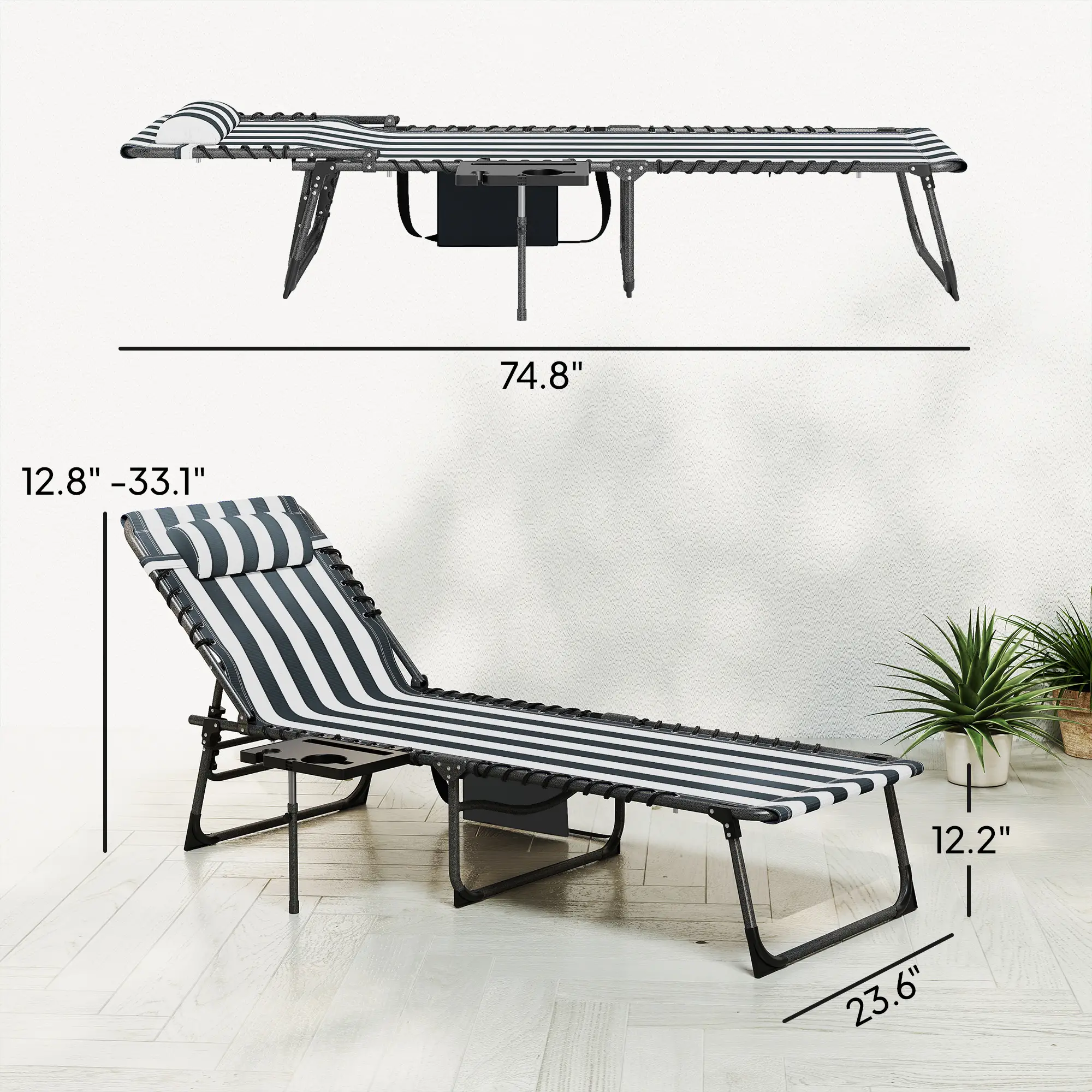 Outdoor Folding Sun Lounger 5-Position Adjustable Recliner with Padded Head Pillow, Side Pocket & Tray Table 600D Oxford Fabric Heavy-Duty Pool Beach Chair