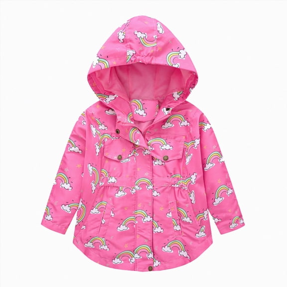 Kogui Rain Coats for Toddler Girls Toddler Girls Rainbow Print Jacket Hooded with Pocket Cotton Blend Windproof Kids Coat for Fall Sizes 2-9Y (Hot Pink,4-5 Years)