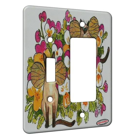 KuzmarK™ 2 Gang Single Toggle / Single Duplex Rocker Wall Plate - Siamese Kitty Fairies with Pansies Fantasy Fairy Cat Art by Denise Every
