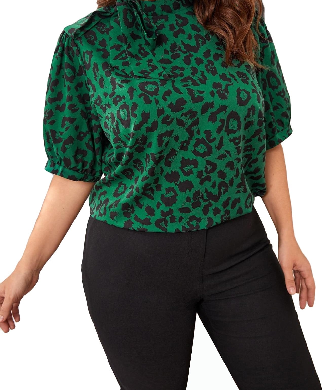 Womens Plus Blouses Casual Leopard Print Tie Neck Blouse Green 4XL -  