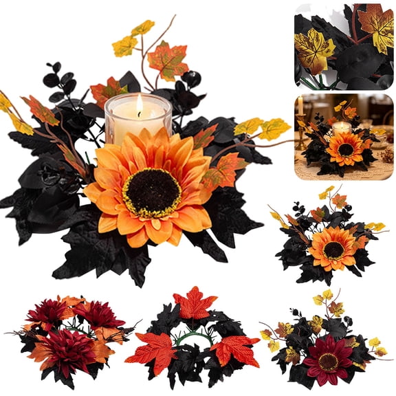 CPHDW7 Fall Candle Rings, Autumn Maple Leaf Wreath with Sunflower Berries, Rustic Candle Holder Decor for Mantel Kitchen Cabinet