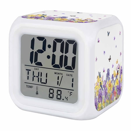 Purple Yellow Spring Floral Digital Alarm Clock for Bedrooms, Smart LED Alarm Clock with 7 Color Changing Night Light, Summer Botanical Birds Silent Wake Up Clocks for Sleep Study Cooking 3.2x3.2