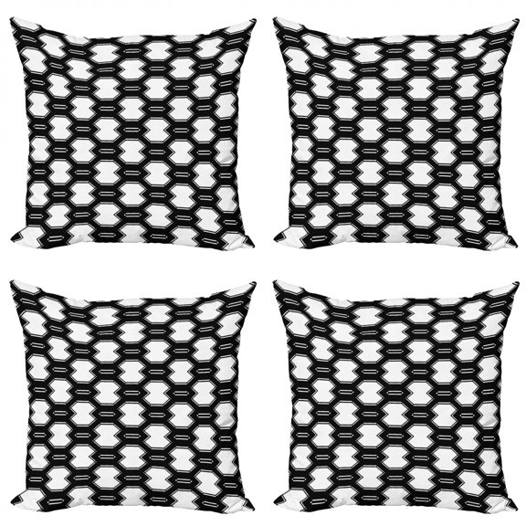 Abstract Throw Pillow Cushion Case Pack of 4, Print of Monochrome Style Artwork Geometric Elements Polygonal Grid, Modern Accent Double-Sided Print, 4 Sizes, Charcoal Grey and White, by Ambesonne