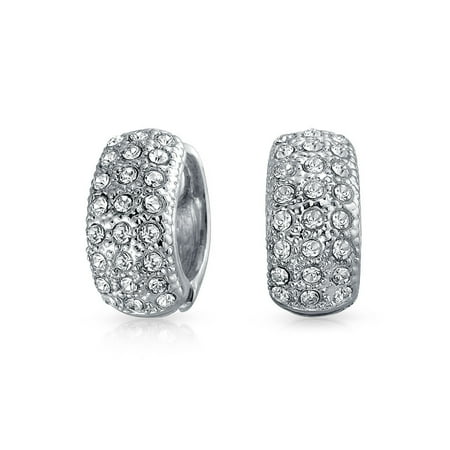 - Bridal Prom 3 Row Pave Crystal Dome Huggie Hoop Magnetic Clip On Earrings Non Pierced Ears Silver Tone Plated Alloy