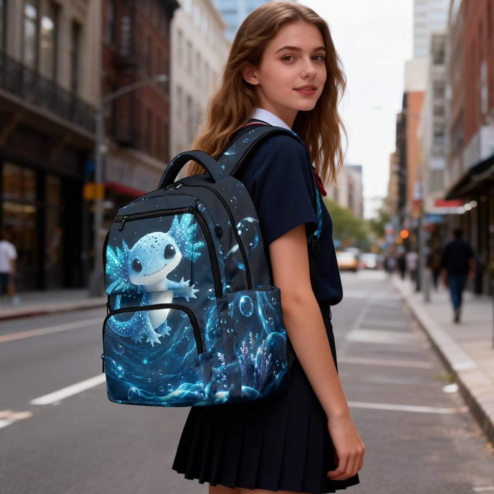 Mochila infantil de ajolote azul para niñas, con estampado de acuarela, ligera, con múltiples bolsillos, regalo de regreso a clases 6