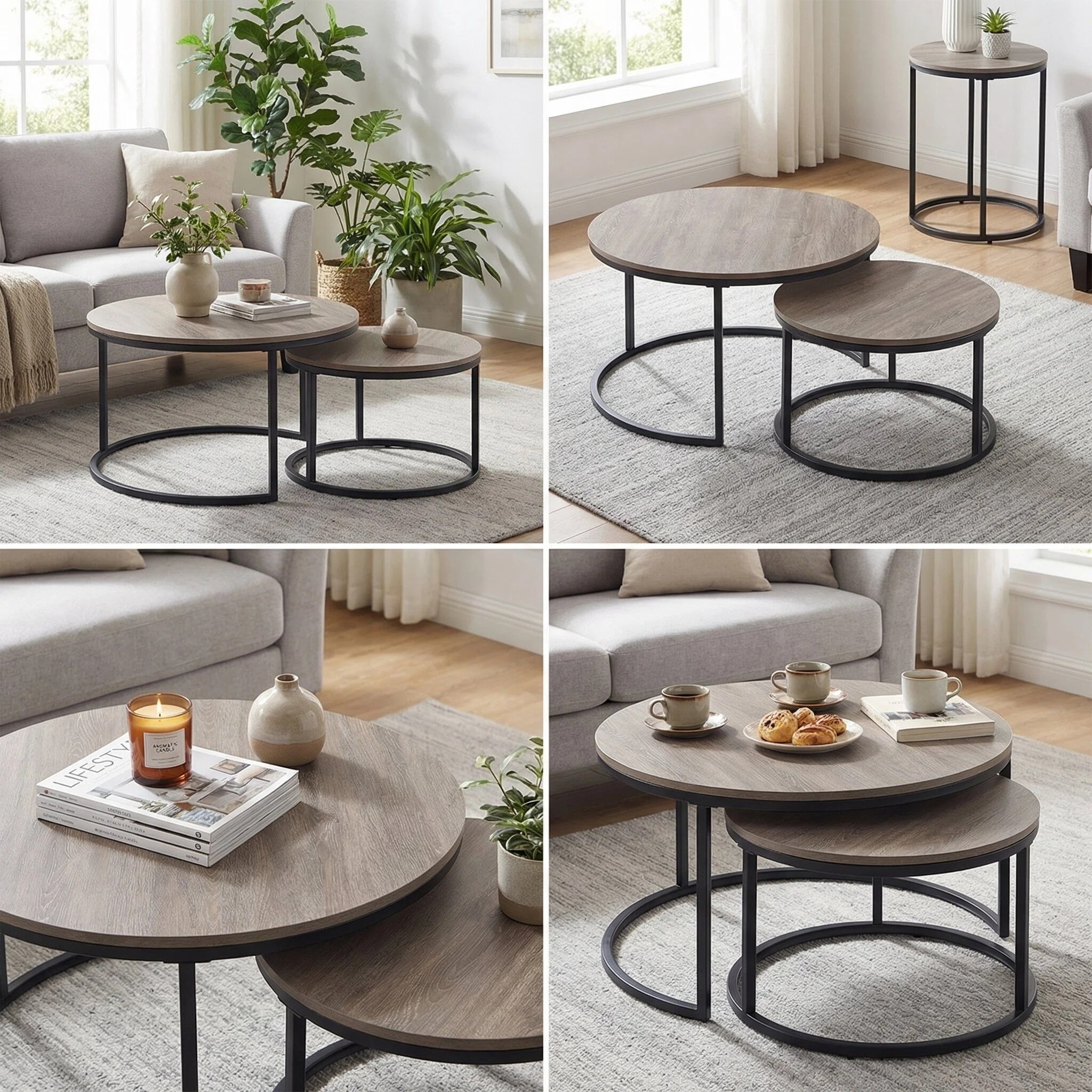 CENSI Round Nesting Coffee Table Set of 2, 31.5" Modern Grey Wash Oak Wood & Metal Frame, Industrial Circle Stacking Accent Tables for Living Room, Rustic Farmhouse Decor, Easy Assembly