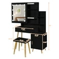 thumbnail image 2 of Vanity Desk with Cushioned Stool, Makeup Vanity with Sliding Lighted Mirror, Vanity Desk with 2 Drawers, 2 Shelves, Door, Makeup Dressing Table Hidden Shelves & Dressing Table with Stool (Black), 2 of 7