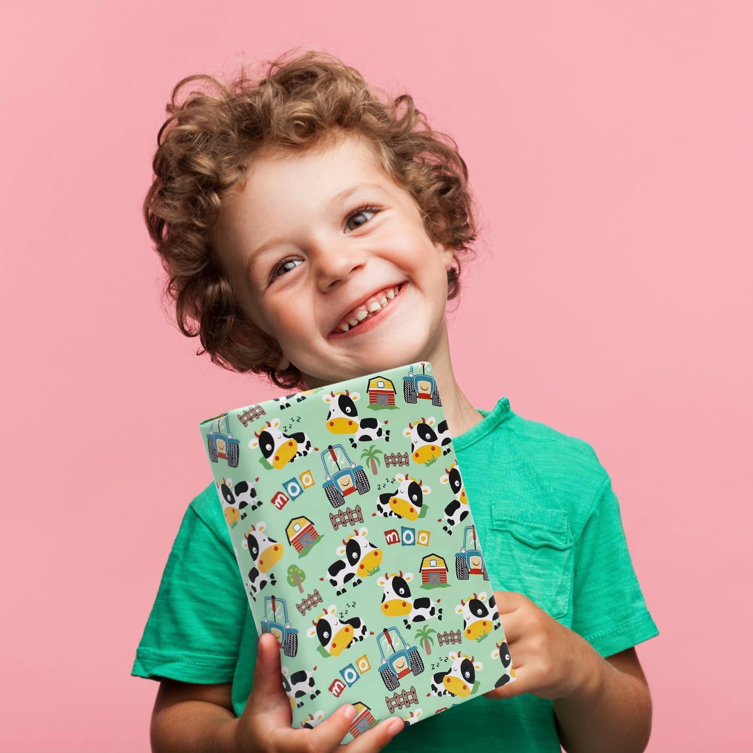 Farm Cow Wrapping Paper for Boys Girls Kids, Cute Cow Farmhouse Tractor Farm Theme Design Green Birthday Paper 6 Sheets Folded Flat 20x28 inches per Sheet for Birthday Party Baby Shower