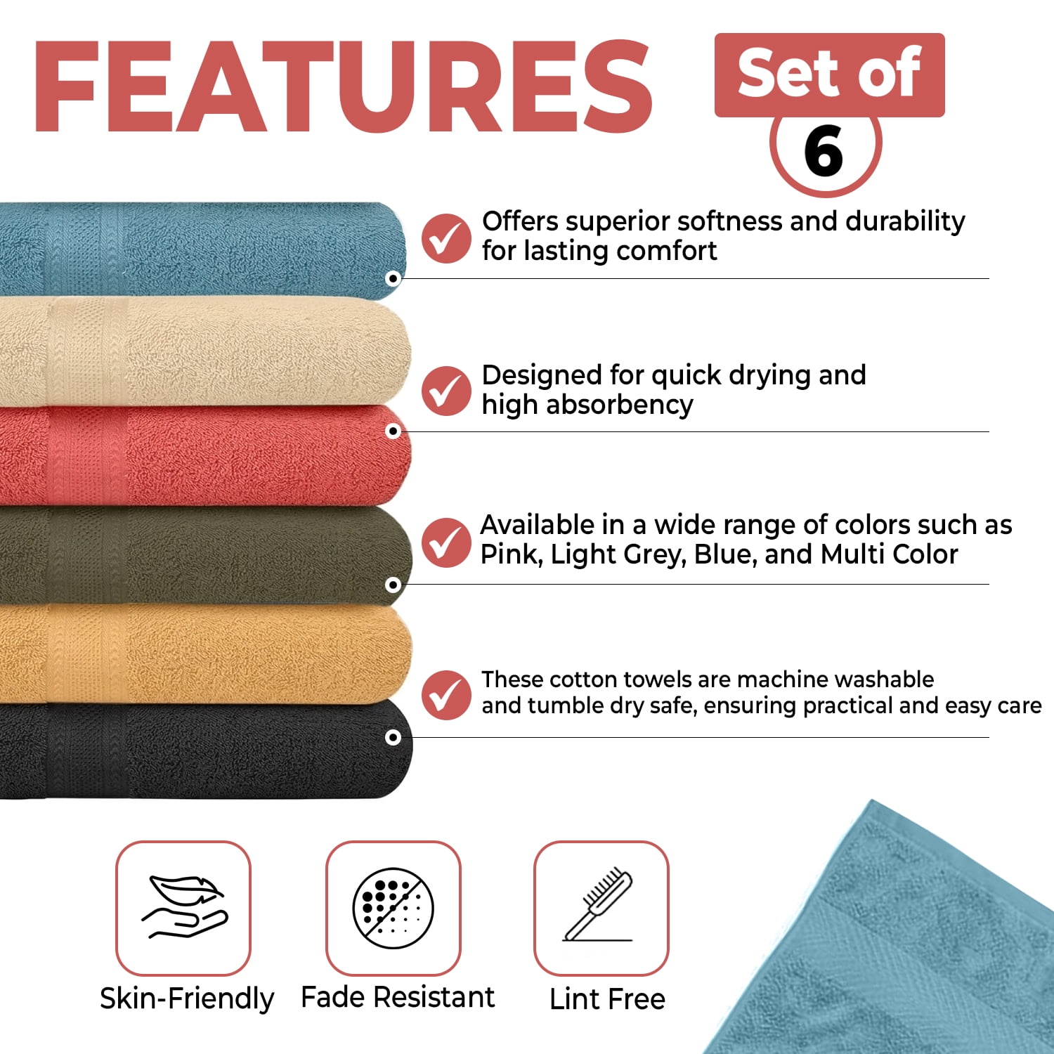 Pack of 6 Bath Towels 27 x 54 Inches, 100% Cotton, Larger & Lighter Weight, Quicker to Dry, Super Soft and Absorbent, Perfect for Bathroom (Multicolor, Pack of 6 (27''x54''))