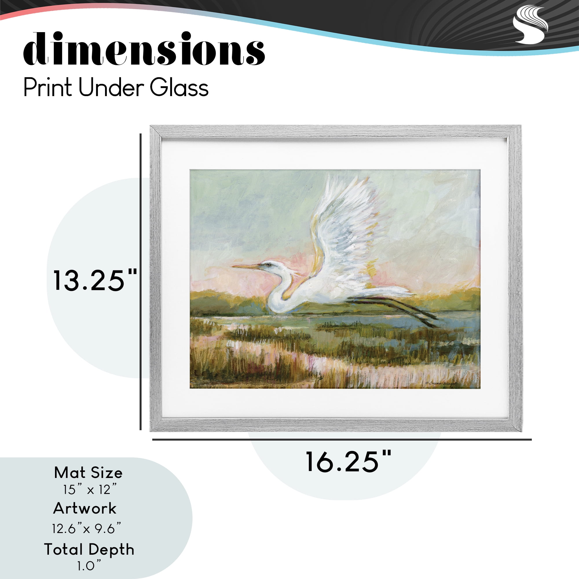 Stupell Industries White Heron Flying Gray Framed Print Under Glass, design by Susan Winget