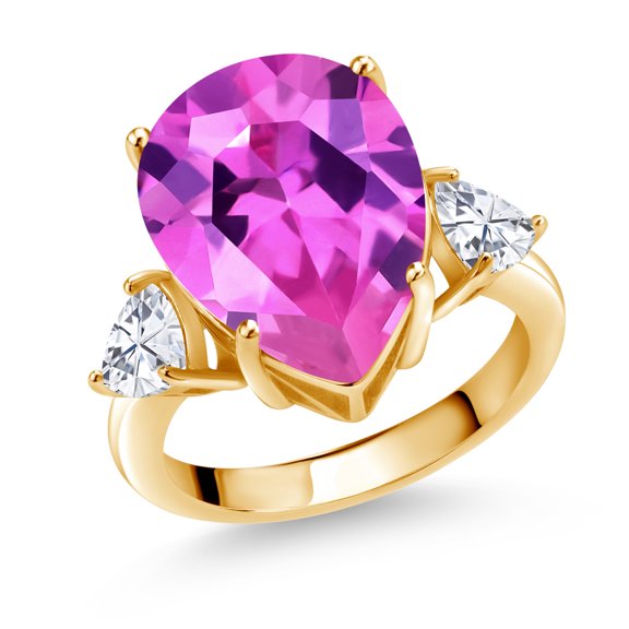 Gem Stone King 18K Yellow Gold Plated Silver 3-Stone Ring Pear Shape Pink Created Sapphire and Moissanite (11.64 Cttw, Size 5)