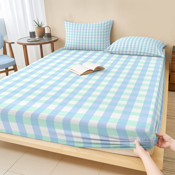 Full Size Fitted Sheet Set - Aqua Blue Green 3 Piece Bedding Sets 16" Deep Pocket Fitted Sheet with 2 Pillowcases Checkered Plaid Gingham Lattice Trellis Brushed Microfiber Hotel Luxury Bed Sheets