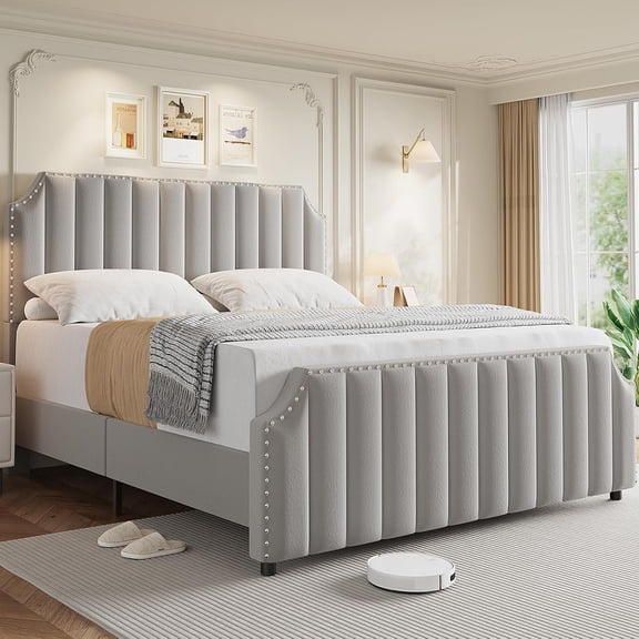 Queen Size Velvet Bed Frame, Vertical Channel Tufted 50 in Tall Headboard and Footboard with Nailhead Trim, Upholstered Platform Bed, Strong Wooden Slats, No Box Spring Needed, Easy Assembly, Grey
